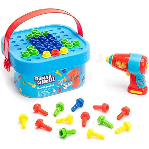 Educational Insights Design & Drill Bolt-It Bucket with Electric Drill Toy, 56 Pieces, STEM Toy, Gifts for Boys & Girls, Ages 3+