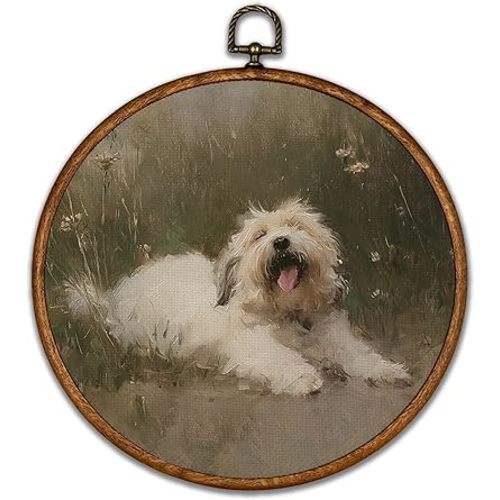 BCUANGD Retro Dog Round Wall Art Decor - Vintage Antique Pet Wall Art Canvas Frame Artwork Prints, Rustic Cottagecore Nature Round Wall Hanging Decorations for Home Farmhouse, 10"x10"