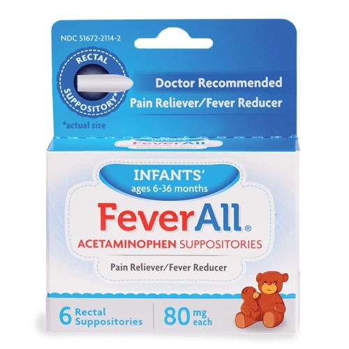 Feverall Infant Acetaminophen Suppositories 6 Rectal Suppositories 80mg Each Pain Reliever/Fever Reducer. Paraben Free, No Artificial Colors or Other preservatives. Ages 6-36 Months