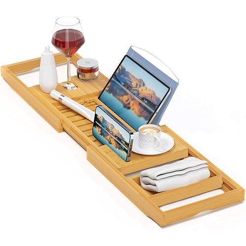 Luxury Bathtub Caddy Tray，Bamboo Bathtub Tray Caddy - Wood Bath Tray Expandable，Can be Placed Book and Integrated Tablet Smartphone and Wine Holder - Gift Idea for Loved Ones