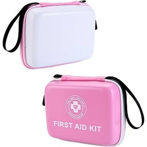 Small First Aid Kit - 165 Piece Dual-Color Emergency Medical Kit with Hard Shell & Fluorescent Exterior Coating, Emergency First Aid Kit for Home, Car, Travel, Hiking & Outdoor(Pink/White)