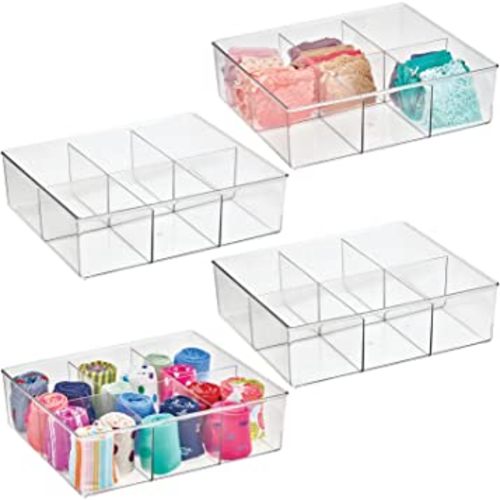 mDesign Plastic 6 Compartment Dresser Drawer Divided Organizer Bin for Scarves, Socks, Bras, Hair Ties, Belts, Underwear - Closet Shelf Storage Organization, Lumiere Collection, 4 Pack, Clear