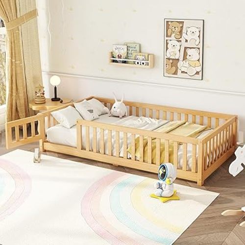 Twin Floor Bed with Slats and Center Support Bar, Wood Montessori Floor Bed with Fence and Door, Kids Montessori Bed Twin Size, Twin Size Montessori Floor Bed for Kids, Girls, Boys(Twin Natural)