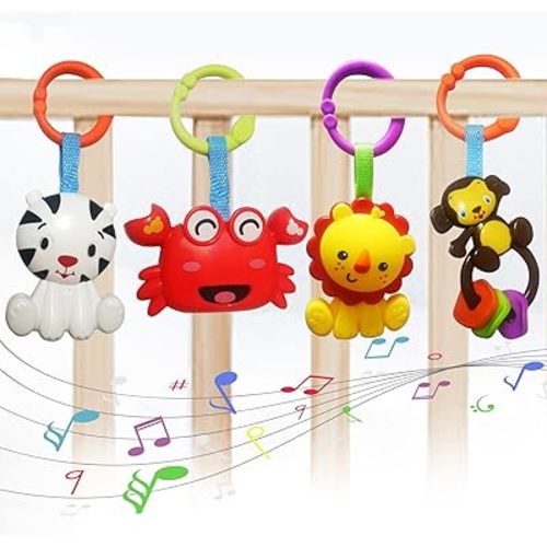Baby Toys, Cartoon Animal Hanging Rattle Toys, Handbells Baby Rattles, Baby Bed Crib Car Seat Travel Stroller Toys for Infant, Best Birthday Gift for Newborn, 4 Pack