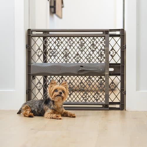 MYPET North States Paws Portable Pet Gate: 26-40" Wide. Pressure Mount. No Tools Needed. Made in USA. Dog Gate 23" Tall, Expandable, Durable Dog Gates for Doorways, Fieldstone Gray