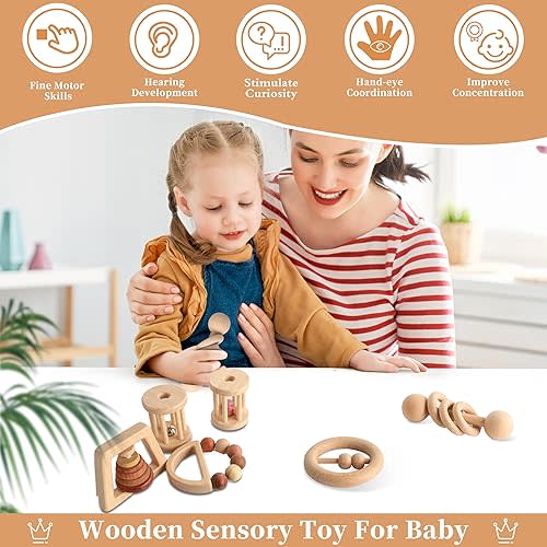 Natural Wood Montessori Baby Toy & Rattle Set