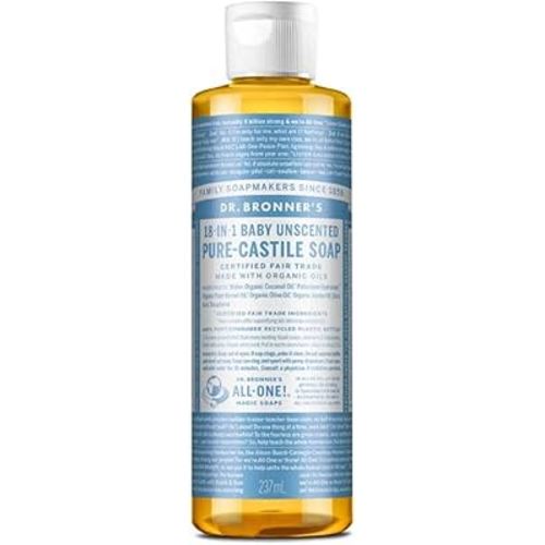 Dr. Bronner’s Pure-Castile Magic Liquid Soap (Baby Unscented, 8 Ounce)- Made with Organic Oils, 18-in1 Uses: Face, Body Wash, Baby Soap, Sensitive Skin, No Added Fragrance, Vegan, Non-GMO