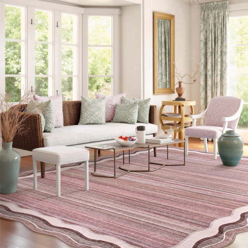 Wonnitar 8' x 10' Large Area Rug, Washable Scalloped Rug for Living Room, Non Slip Low Pile Striped Indoor Accent Mat, Farmhouse Cottage Rug for Bedroom Dining Room Nursery, Pink
