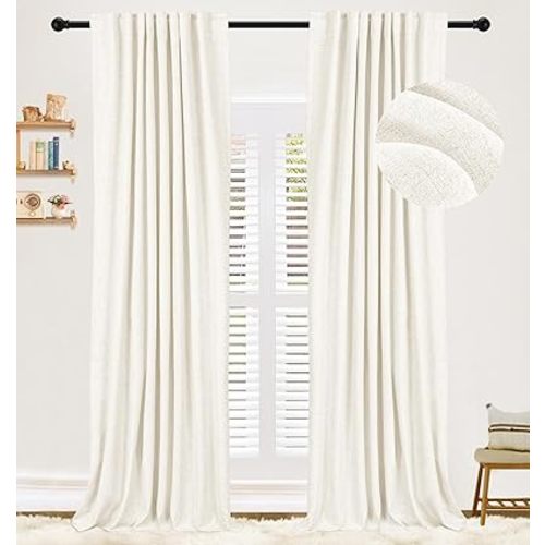 100% Blackout Shield Linen Blackout Curtains 84 inches Long,Back Tab/Rod Pocket Thermal Insulated Blackout Curtains for Bedroom/Living Room,Energy Efficient Drapes,52" W x 84" L,Beige White