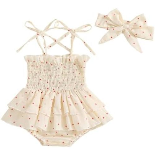 Fanvereka Newborn Infant Baby Girl Outfit Sleeveless Romper Dress with Hairband Heart Toddler Girls Summer Clothes