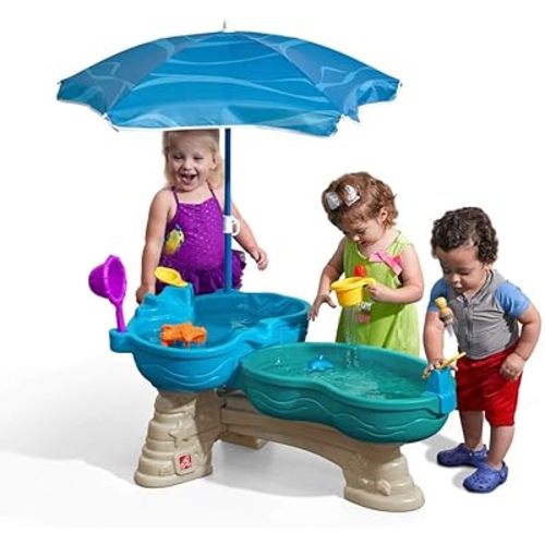 Step2 Spill & Splash Seaway Water Table, Kids Two-Tier Water and Sand Activity Sensory Playset, Comes with Umbrella, Summer Outdoor Toys, 11 Piece Toy Accessories, For Toddles 1.5+ Years Old