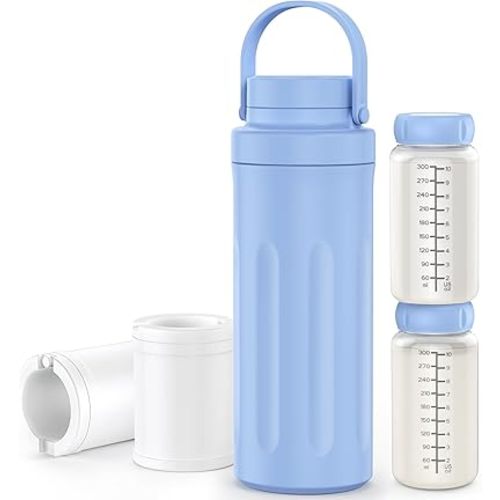 22oz Breast Milk Cooler Bottle for Outdoor, Breastmilk Cooler with 360° Total Cooling for 24 Hours & Leak-Proof Dual-Bottle for Breastfeeding，Larger Capacity Travel Breastmilk Chiller,Blue