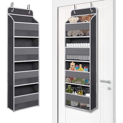Over Door Organizer with 4 Large Capacity Pockets, Heavy Duty Hanging Organizer Storage for Closet Bathroom Nursery Bedroom Dorm, Toys Cosmetics Sundries and Baby Essentials, Gray