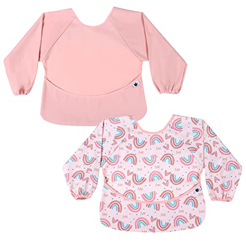 SPINFOX 2 Pack Baby Smock for Eating, Mess Proof Baby Bib, Waterproof Toddler Baby Feeding Bibs Shirt for Girl 6-24 Months