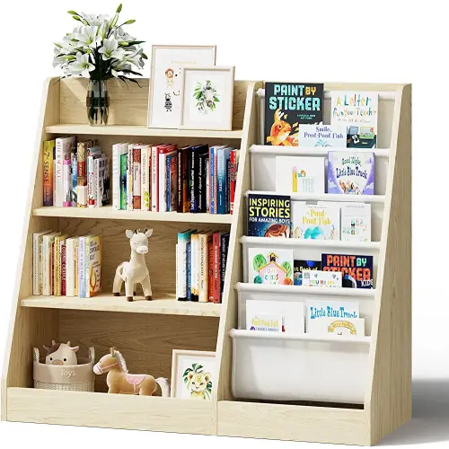 4 Tier Kids Wooden Bookshelf, Five Layer Sling Bookcase, Baby Storage Book Rack, Book and Toy Organizer Cabinet, Book Display, for Playroom, Bedroom, Toddler Room, Nursery,Classroom (Burlywood)