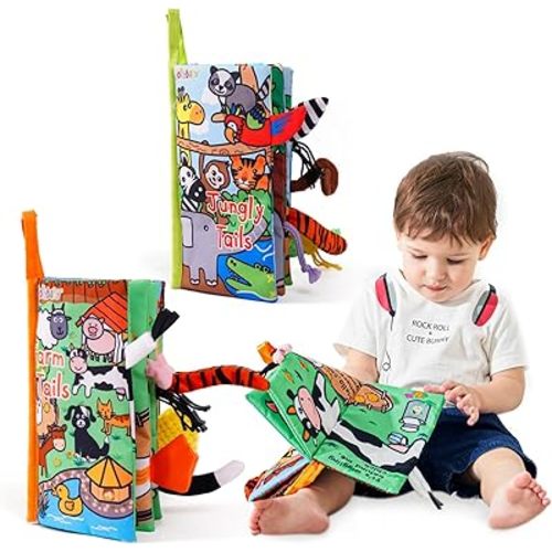 Jollybaby 2 PCS Sensory Touch and Feel Crinkle Books for Baby 0-6 Months, Jungle Farm Tails Montessori Car Set Toys for Tummy Time Newborn 6-12, Soft Fabric Cloth Books for Infant 1 Year Old Gift