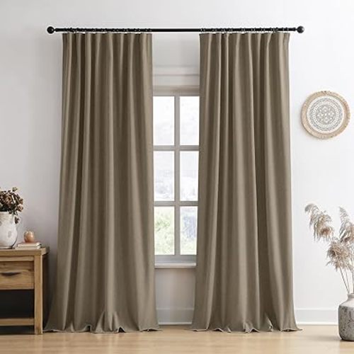 RAIN CITY Linen Brown Extra Long Blackout Curtains 120 Inch Long 10ft, Back Tab Pleated Look Linen Blended Textured Curtains with Hooks for Living Room Track System(W50xL120 in Length,Linen)