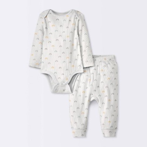 Baby 2pc Rainbows Wide Ribbed Top & Bottom Set - Cloud Island™ Gray 0-3M: Cotton Bodysuit & Pants