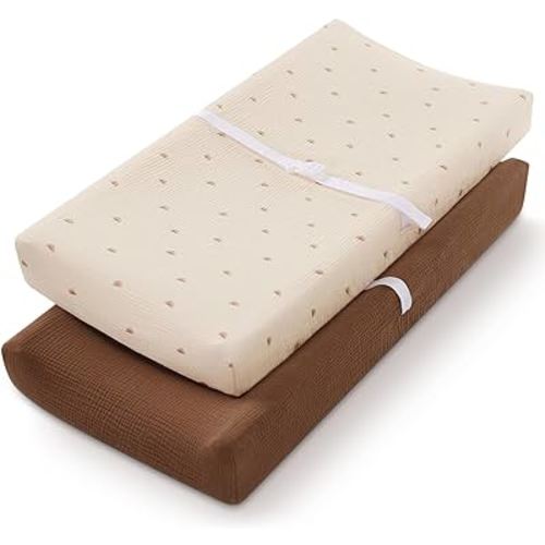 Blissful Diary Muslin Changing Pad Cover for Girls Boys, Ultra Soft Breathable Cotton, Baby Diaper Change Table Pad Covers, 2Pack (Sunshine & Brown)