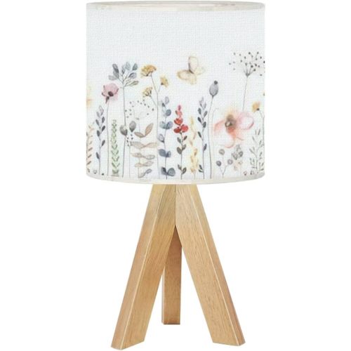 Tripod Table Lamp Watercolor Floral Seamless Colorful Wildflowers Leaves Plants Bedside Desk Lamp Wooden Nightstand Lamp with Linen Fabric Shade for Nursery Living Room Kids Room Bedroom