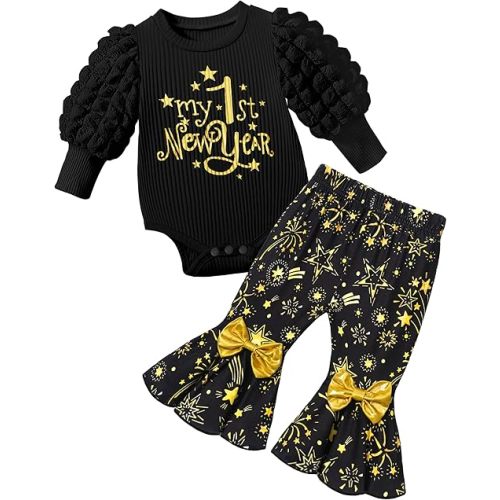 My First New Years Baby Girl Outfit 2025 Puff Sleeves Romper Baby New Years Outfit Girl Printed Flare Pants