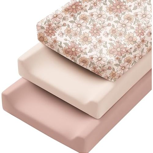 Konssy 3 Pack Stretchy Changing Pad Covers for Girl, Boy, Silky Soft Changing Table Cover, Breathable Baby Nursery Diaper Chang Pad Sheets (Vintage Petals)