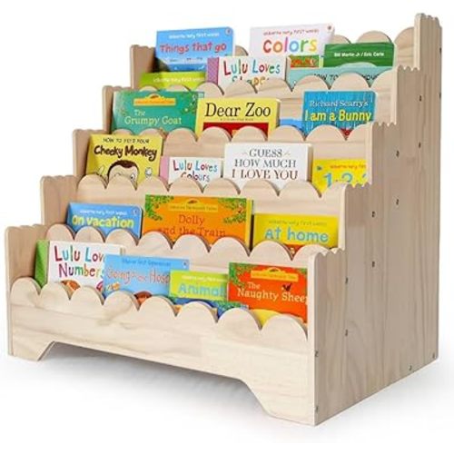 5 Tier Large Kids Scalloped Bookshelf Wooden Scalloped Shelf Children Montessori Bookshelf for Kids Room Toddler Bookshelves Scalloped Children Bookshelf for Nursery Classroom LivingRoom