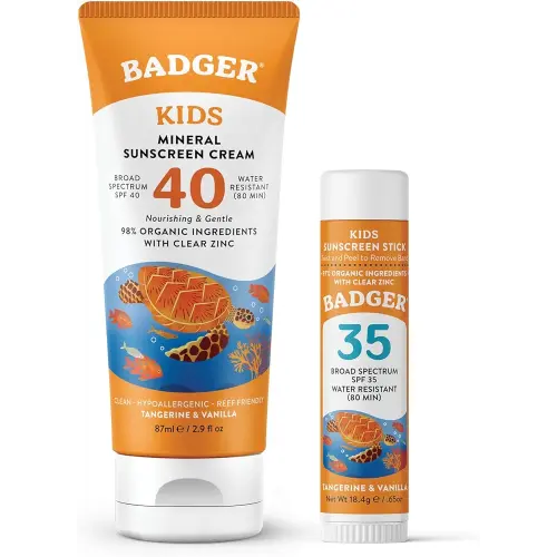Badger Kids Mineral Sunscreen Combo, SPF 40 Cream and SPF 35 Face Stick, Reef Safe Broad Spectrum Water Resistant with Zinc Oxide, Tangerine and Vanilla