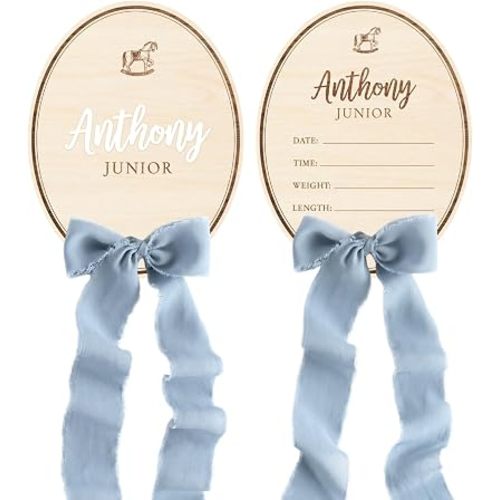 Personalized Wooden Baby Announcement Sign with Chiffon Bow - Custom Birth Stats Name Plate for Newborn Hospital Photo Prop - Nursery Wall Decor & Keepsake - 5, 6, 8, 10 Inch (08 - oval pattern)