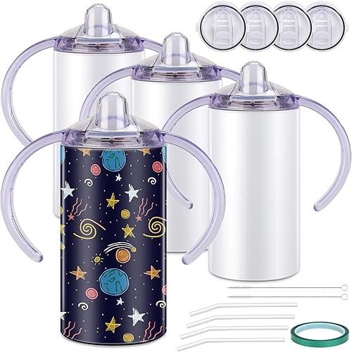 Sublimation Sippy Cup Blank, 4 Pack 12oz Kids Sublimation Tumblers with Straws, Insulated Straight Tumbler with Handle and Spill-proof Lid Toddler Sippy Water Bottle