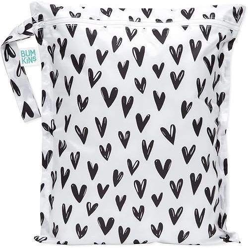 Bumkins Waterproof Wet Bag for Baby, Travel, Swim Suit, Cloth Diapers, Pump Parts, Pool, Gym Clothes, Toiletry, Strap to Stroller, Daycare, Zipper Reusable Bag, Wetdry Packing Pouch, Black Hearts