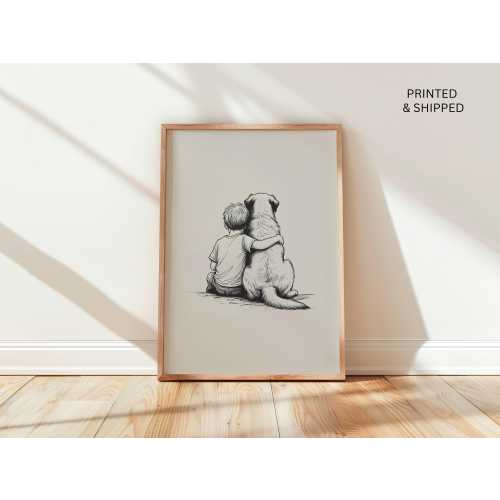 Vintage Boy and Labrador Art Print – Nursery Sketch Wall Decor