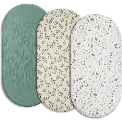 Soft Muslin Bassinet Sheets 32" x 18", Baby Bassinet Mattress Fitted Cover, Fit for Halo, Fisher Price, Delta, Graco, Oval Bassinet or Cradle, for Girl or Boy （Roman & Forest & Leaves）