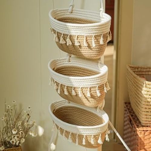 TeoKJ 3-Tier Cotton Rope Baskets with Tassels Over the Door Wall Hanging Baskets for Nursery, Living Room, Bathroom, Door Storage Organizer for Decoration Jute&White