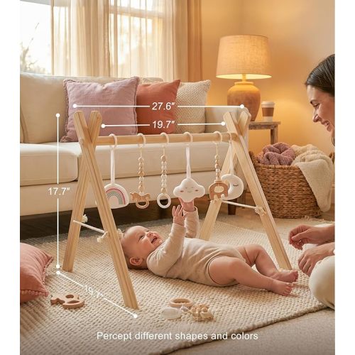 Mallify Wooden Baby Gym with 6 Gym Toys, Foldable Baby Play Gym, Natural Pine Wood Play Gym, Frame Activity Center Hanging Bar, Wooden Play Gym