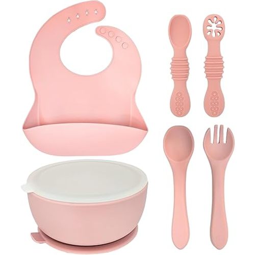 6 Piece Baby Bowls With Suction and Lids | Toddler Bowl Set with 1 Bowl, 1 Bib, 2 Baby Spoons, 1 Large Spoon, 1 Large Fork, Baby Feeding Essentials (1, Rose Quartz)