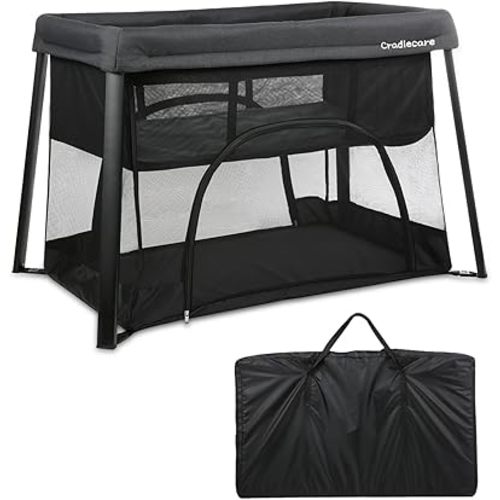 Travel Pack and Play with Bassinet & Mattress, Lightweight Portable Baby Bed, Foldable Playard for Travel & Home, Easy Setup Playpen for Babies & Toddlers with Storage Bag (Black)
