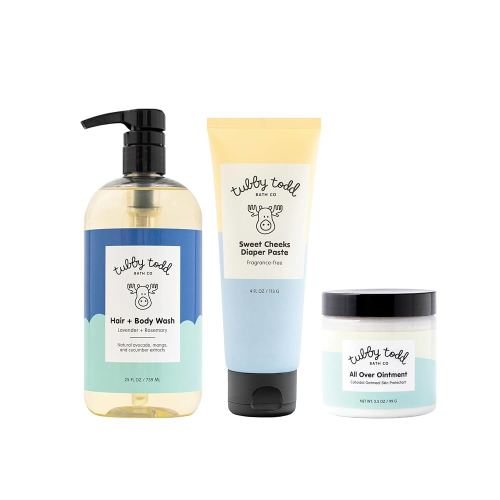 TUBBY TODD Baby Bundle Newborn Skin Care Set - Hypoallergenic Hair + Body Wash, All Over Ointment with Colloidal Oatmeal, Sweet Cheeks Diaper Paste - Lavender Rosemary, Full Size