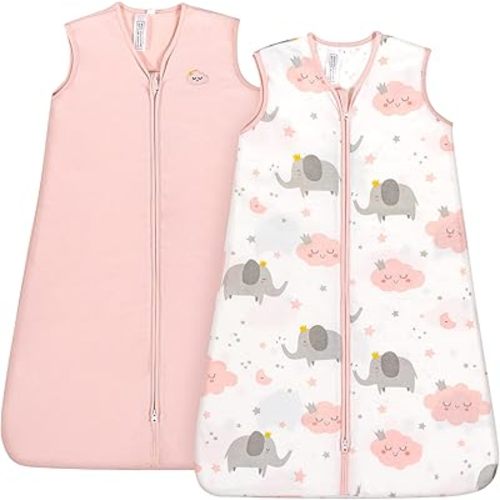 TILLYOU Sleep Sack 6-12 Months - 0.5 TOG Baby Wearable Blanket with 2-Way Zipper, Extra Soft Cotton Sleeveless Sleeping sack 2 Pack, Pink Elephant & Cloud