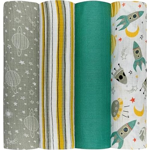 DREAMS & DIMPLES Muslin Swaddle Blankets 4 Pack Premium 100% Cotton Baby Swaddle Blanket Soft & Breathable 47" X 47" Baby Receiving Blankets for Boys and Girls (Gimme Some Space)