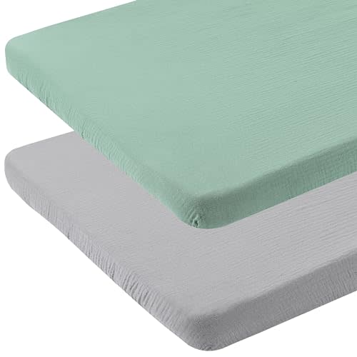 Muslin Bassinet Sheets 33" x 19" Compatible with Mika Micky, KoolaBaby (3 in 1), BabyBond, HARPPA and RICUTON Bedside Bassinet, 2 Pack for Baby Boy and Girl, Grey and Green