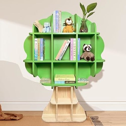 Kids Bookshelf - Wooden Kids Bookcase, Tree Bookshelf for Children and Toddlers, Green Book Shelf for Kids Rooms, Playroom, Bedroom