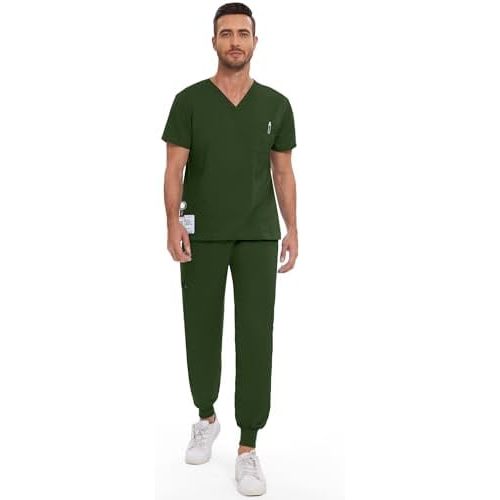 niaahinn Men Scrub Set-Stretch V-Neck Scrub Top & Jogger Pant with 9 Pockets, Yoga Waistband, Anti-Wrinkle Scrubs for Men