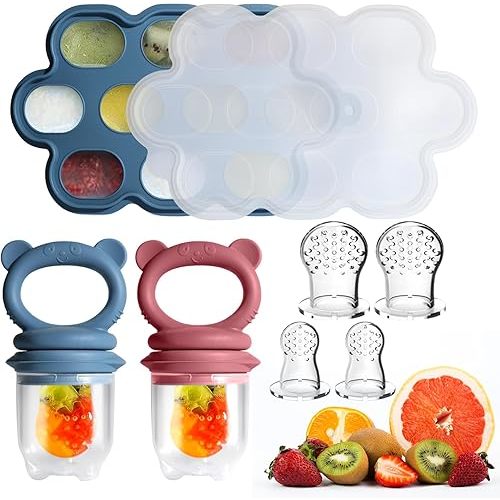 Baby Food Feeder Set, 2 Packs Fruit Feeder & Breastmilk Popsicle Molds Freezer Tray with Lid, Silicone Fruit Feeder to Teething Relief, Introduce New Foods, Baby Feeding Essentials(Blue+Red)