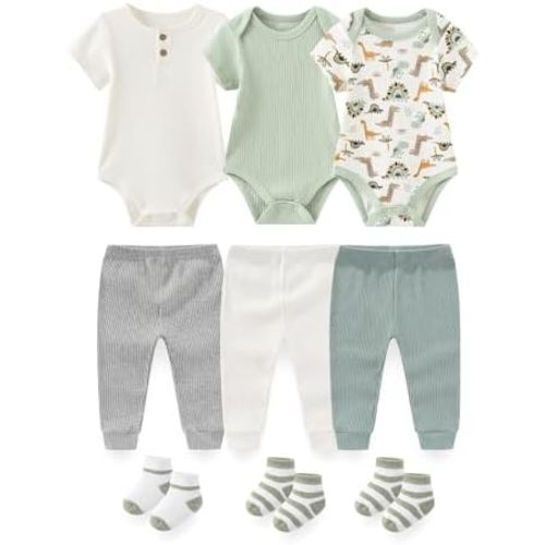 Baby Layette Gift Set 9-Piece Baby Bodysuits and Pant Set Infant Boy Girl Clothes Outfits