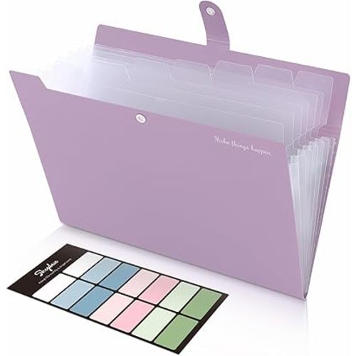 SKYDUE File Folder with Labels, Accordion File Organizer with 8 Pockets, Portable Document Organizer, A4 Letter Size, Paper Organizer for Office, Purple
