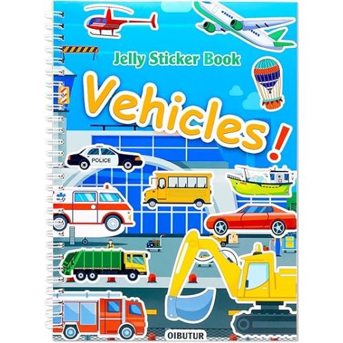 Jelly Sticker Book for Kids 2-4 Travel Essentials, Reusable Sticker Book + 8 Scenes + 2 Matching Games + 42 Large Vehicles Stickers for 1-3 Toddler Activities (Vehicles)