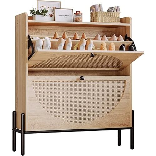 IRONCK Shoe Cabinet Storage with 2 Flip Drawers, Free Standing Wooden Shoe Storage Organizer Cabinet with Rattan Doors for Entryway, Narrow Shoe Rack Cabinet, Oak