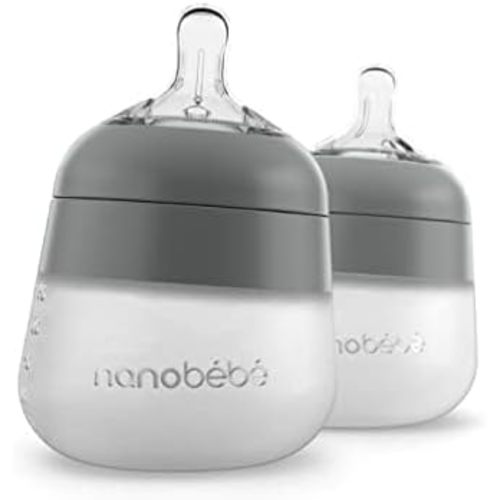 Nanobebe Flexy Silicone Baby Bottle, Anti-Colic, Natural Feel, Non-Collapsing Nipple, Non-Tip Stable Base, Easy to Clean 2-Pack, Gray, 5 oz