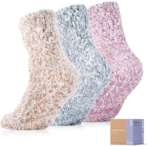 Fuzzy Socks with Grips for Women Men,Non Slip Hospital Crew Cozy Socks with Aloe Vera Perfume